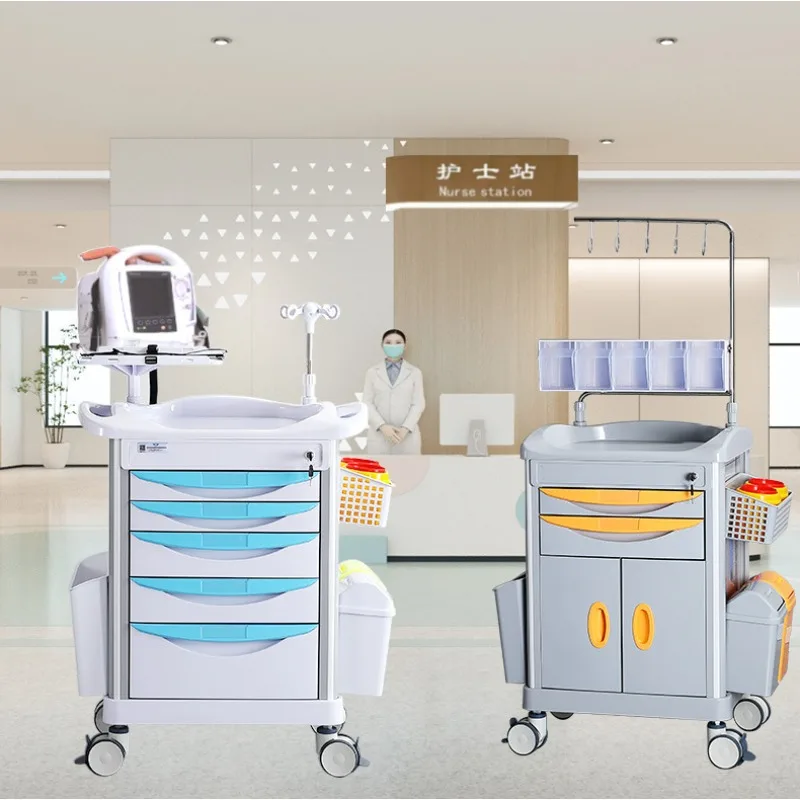 

Hospital Emergency Cart Medical Mobile Crash Drawer Trolley Multifunction ABS Rescue Treatment Trolley With IV Sta