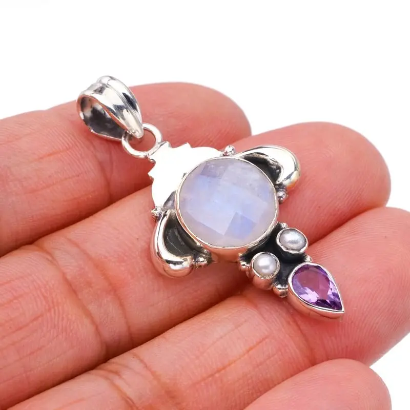 

StarGems® Natural Moonstone Amethyst Handmade 925 Sterling Silver Pendant 1.75" F5009