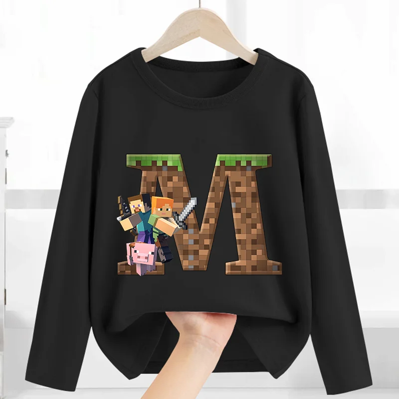 Camiseta de manga larga con estampado de dibujos animados de Pixel Game, ropa con letras de la A a la Z para niños y niñas, caftán infantil, ropa de Minecraft, blusa de cuello redondo, regalo.