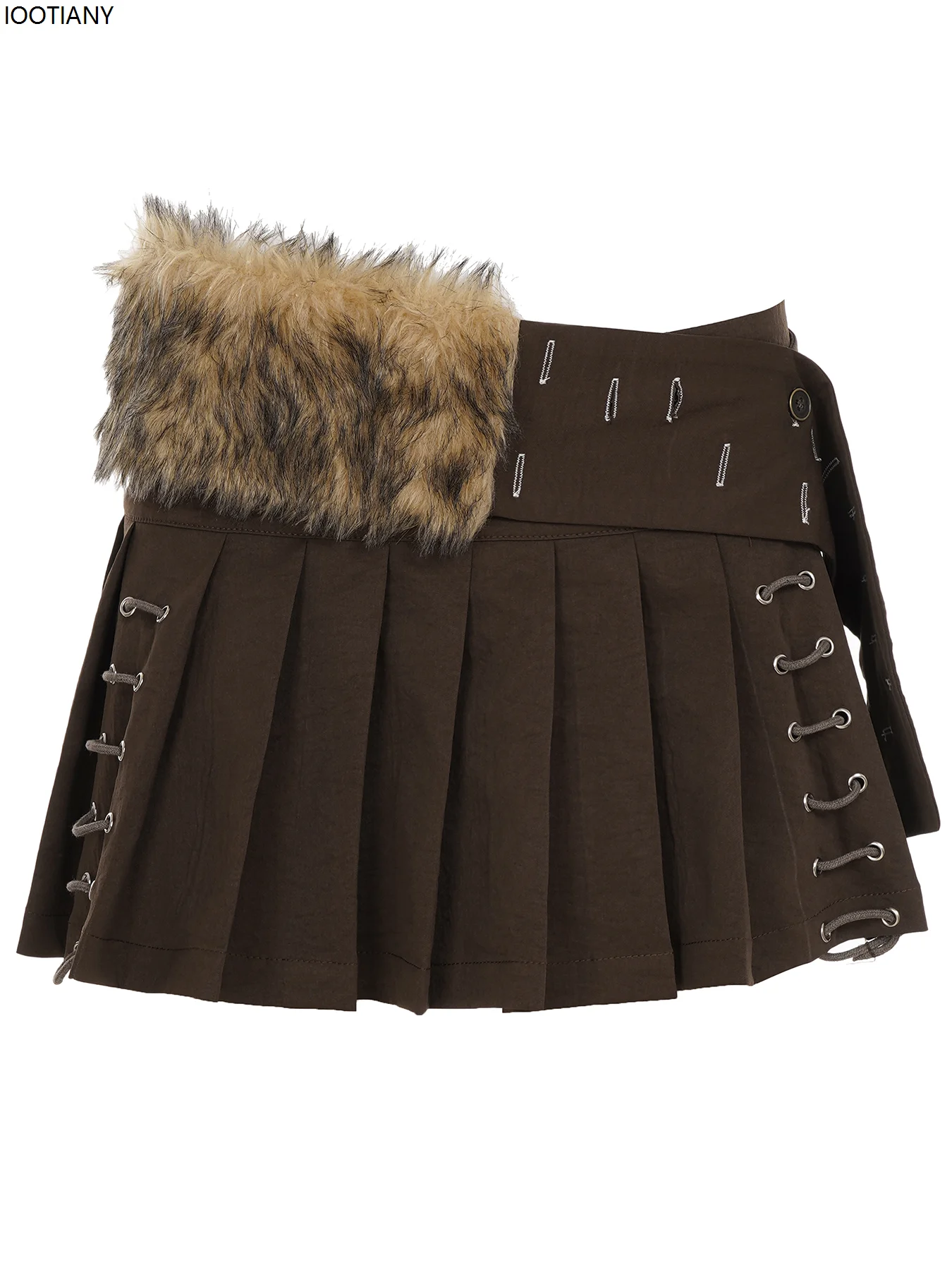 Wasteland Style 2000s Brown Pleated Skirt With Furry Belt Retro Y2k Low Waist Loose Mini Skirt Women's Street Trend Punk Style - Image 6