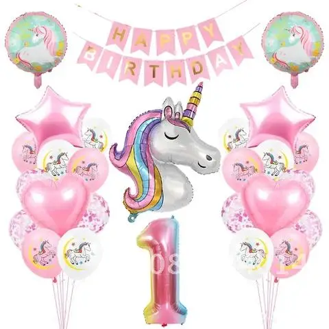 Birthday Party Decoration 28Pcs Rainbow Unicorn Balloon Number Globos for Girls First Balloon Decor 1 2 3 4 5 Years Old