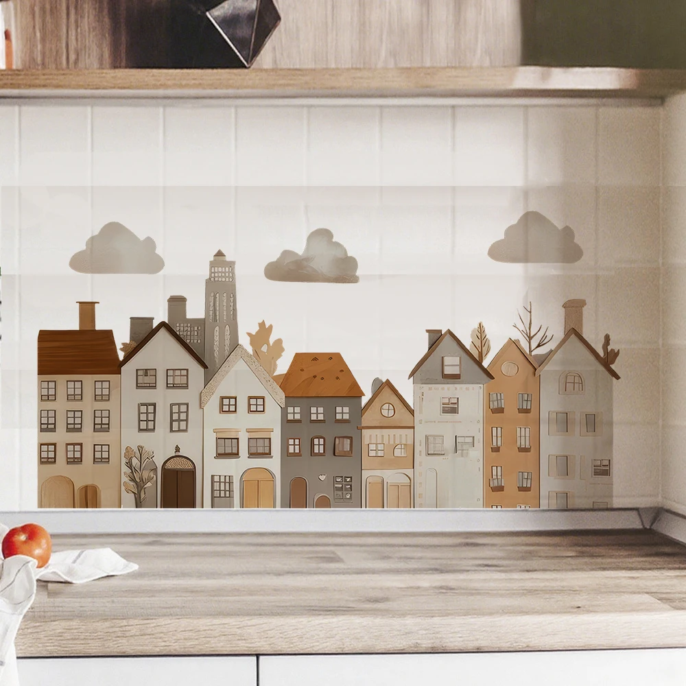 Scandi Village Building Wall Stickers Colorful Cityscape Townhouse Downtown Wall Decals for Bedroom Playroom Home Wall Decor
