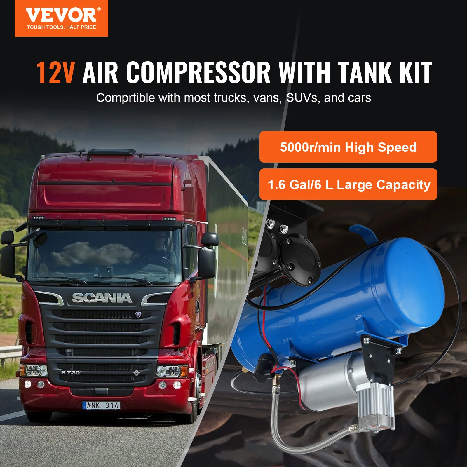 VEVOR 12V Air Compressor with Tank 1.6 Gallon/6 L 120 psi Onboard Air Compressor System for Train Air Horns Inflating Tires