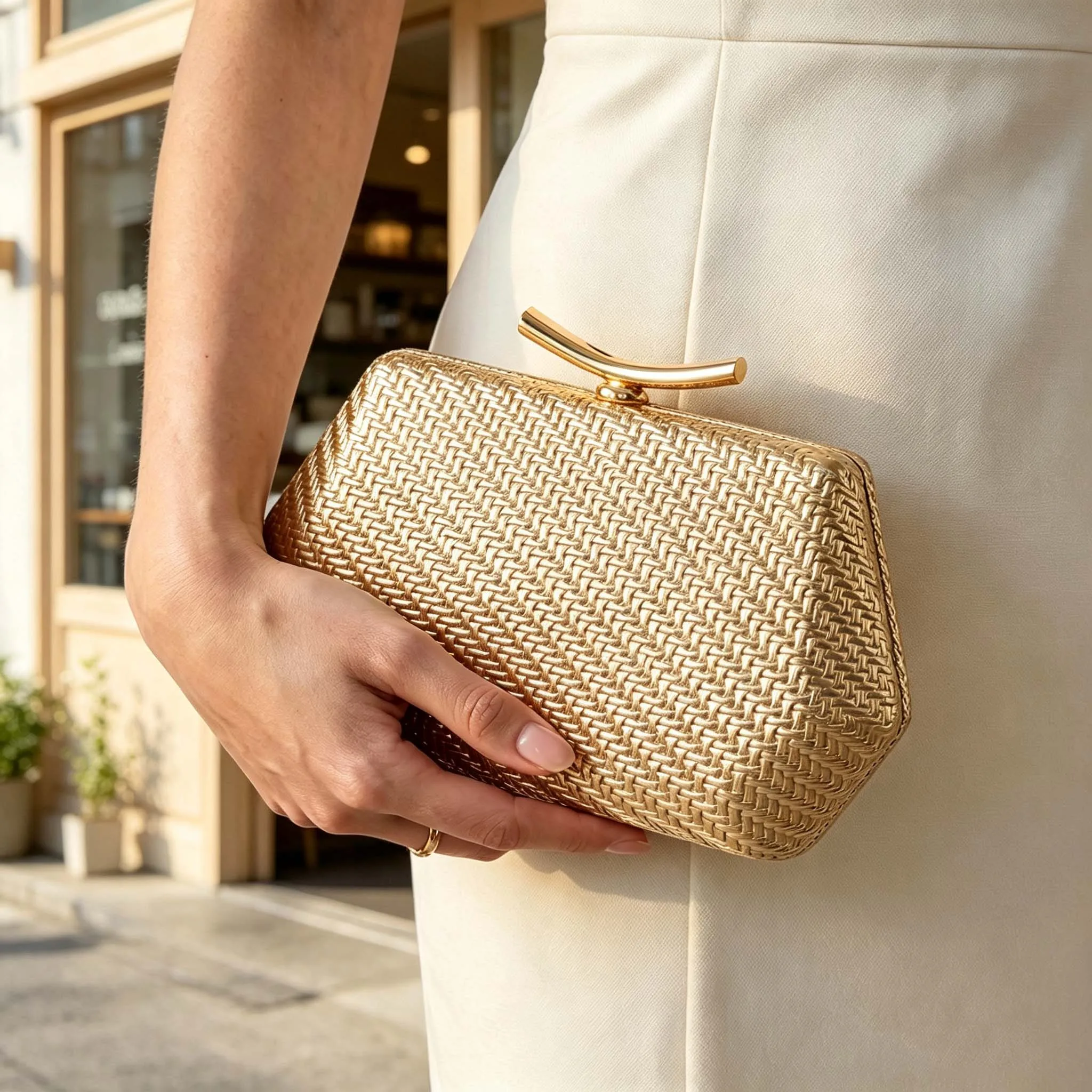 Stilvolle und elegante gewebte Abendclutch, luxuriöse Designer-Schultertasche mit Kette, minimalistische Damenhandtasche, Hochzeits-Abendclutch, Partytasche – Detail 1