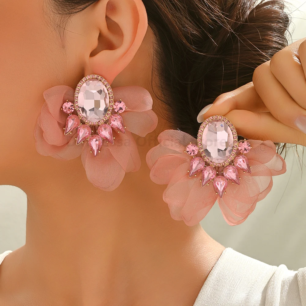 New Countryside Style Fabric Flower Stud Earrings Paired With Large Glass Playful Cute Casual Women's Daily Vacation Jewelry