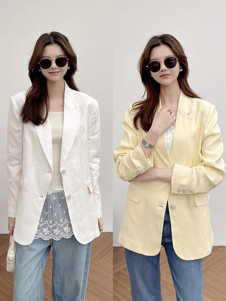 

Korean Faion Linen Suit Jaet Women's Loose Commute Sle Pure Color Autumn New Arrival Comfortable Fit Profional Wear