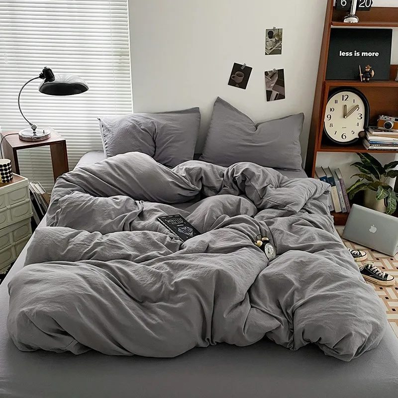 A-class washed cotton bed four piece set solid color linen with bed sheet, down duvet cover, pillowcase, bedding set - Image 5