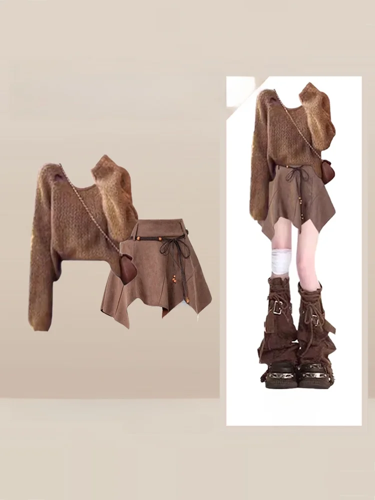 

Модный осенний женский наряд Long Sve Трикотажный топ с асимметричной юбкой Ele Design Повседневная одежда