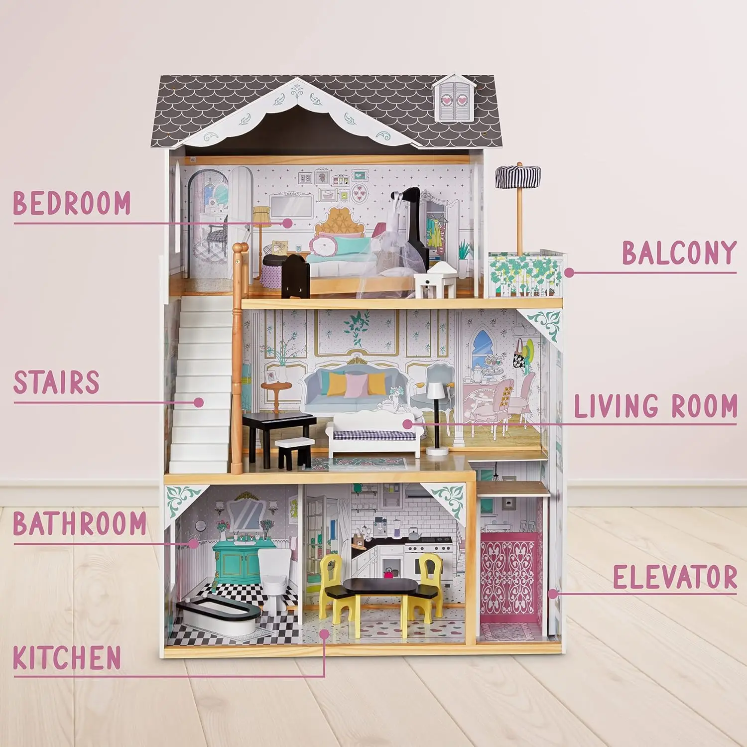 Kids Wooden Dollhouse, with Elevator, Balcony & Stairs, Accessories & Furniture Included X-Large 3 Story Easy to Assemble Doll H