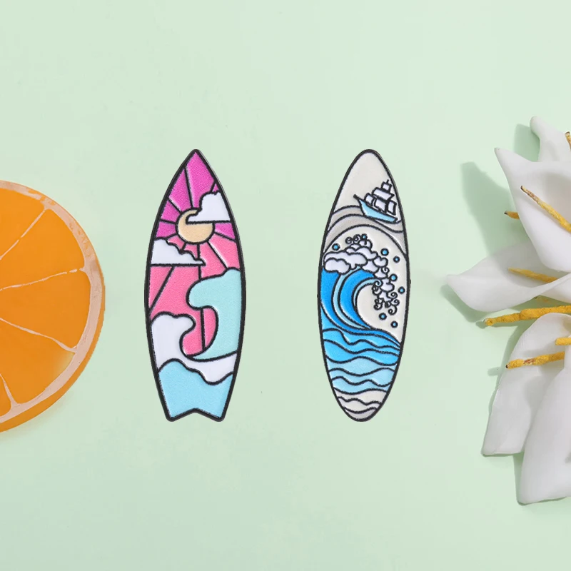 Hawaiian Flower Surfboard Enamel Pin Summer Beach Vibes Tropical Plant Ocean Wave Sunset Coast Brooches Lapel Badge Jewelry Gift
