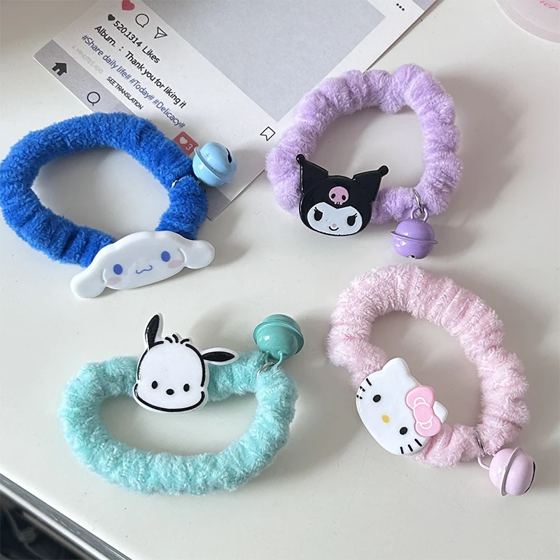 Miniso Kawaii Kuromi Cinnamoroll Bell Scrunchie Girl Heart Cute Cartoon Hello Kitty Pochacco Winter Hair Tie Hair Accessory Toys