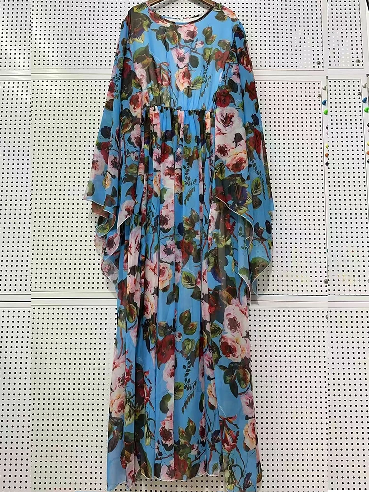 2025년 봄/여름 여성 신상 라운드넥 박쥐소매 시폰 프린트 루즈핏 드레스, 궁궐풍 허리 스윙 휴가 원피스