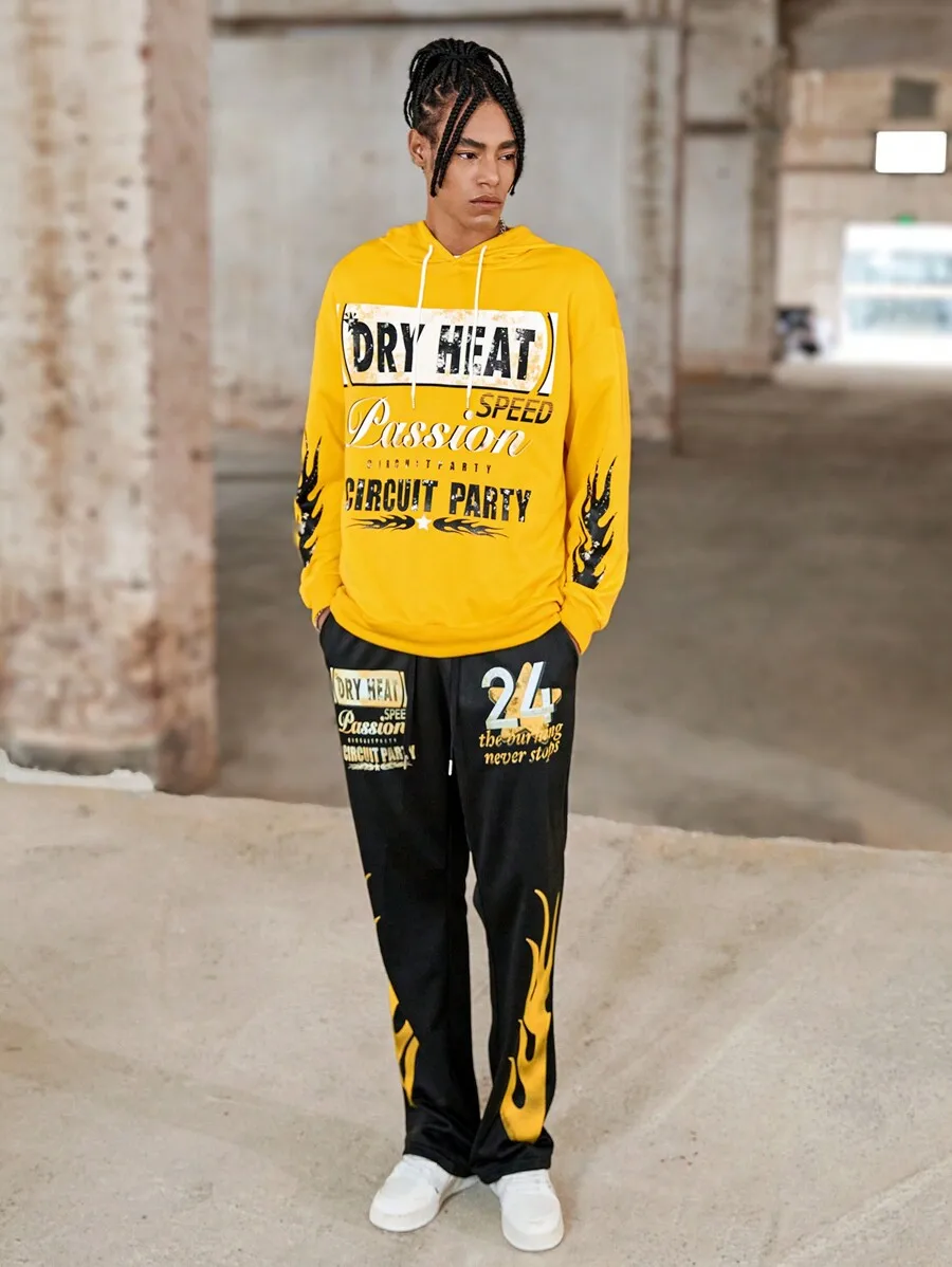 

Mens Yellow Flame Graphic Hoodie And Black Track Pants Set Streetwear Casual Two Piece Outfit