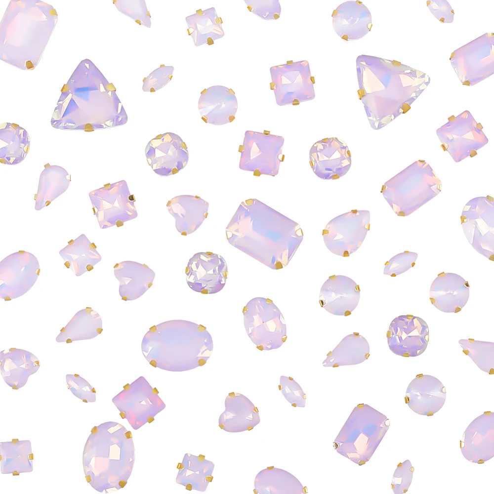 50Pcs Sew On Rhinestone Mixed Shapes Sewing Gems Light Purple Flatback Clear Glass Rhinestones with Gold 4-Claws for DIY