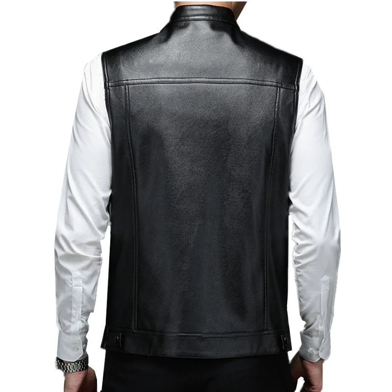 2024 New Men Leather Jacket Loose Top Classic Black Sleeveless Motorcycle Coat Size XXXL Male Business Casual Vest