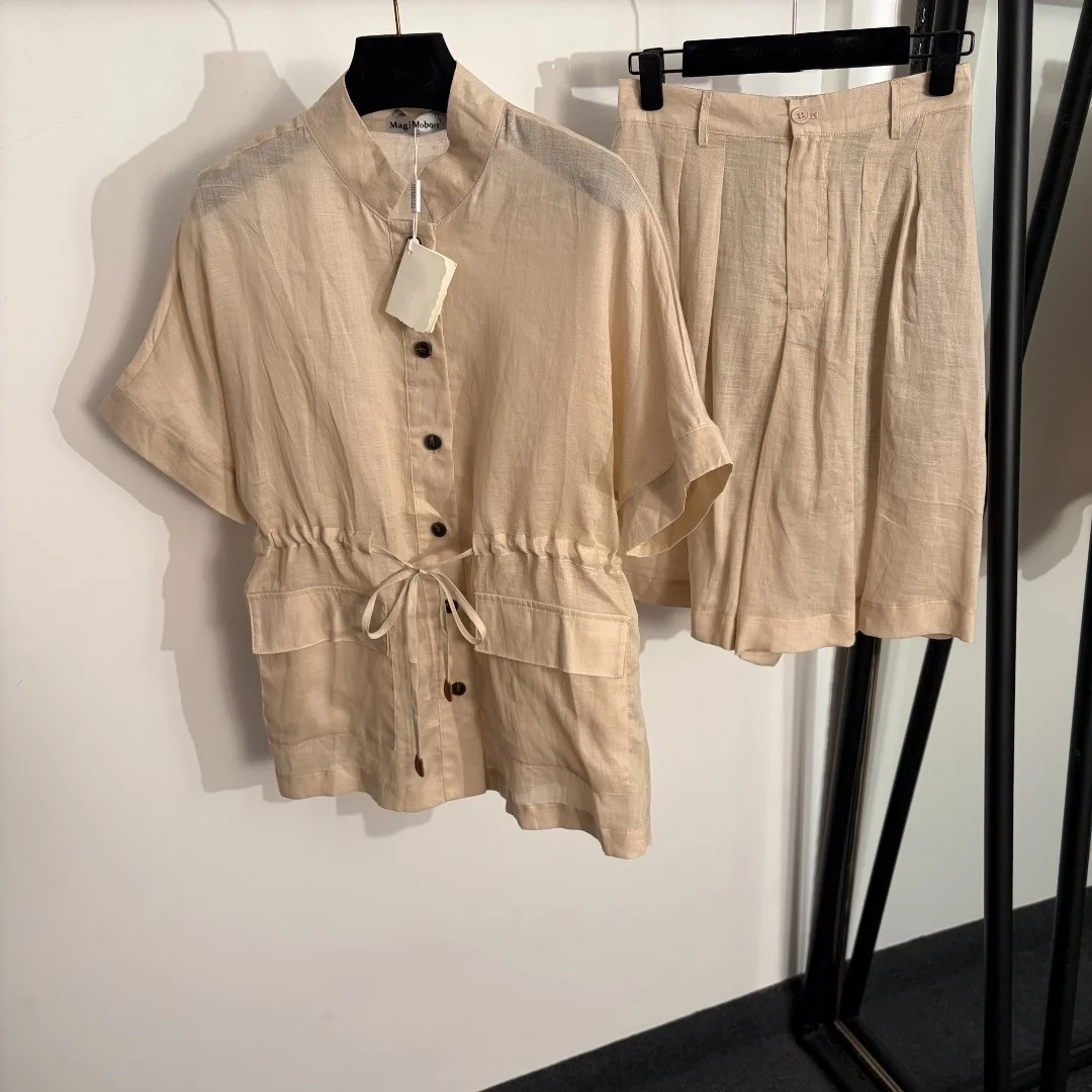 26th new linen set: drawstring waist cinched collar short-sleeved shirt + high-waisted wide-leg five-inch shorts