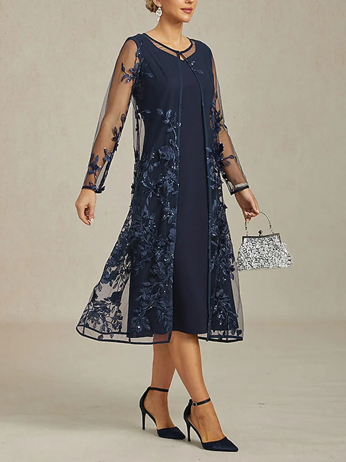 

Elegant Two Piece Evening Dress Long Sleeves Chiffon Lace Sequins Appliques Scoop Neck Tea-Length Prom Gown 2025 free customized