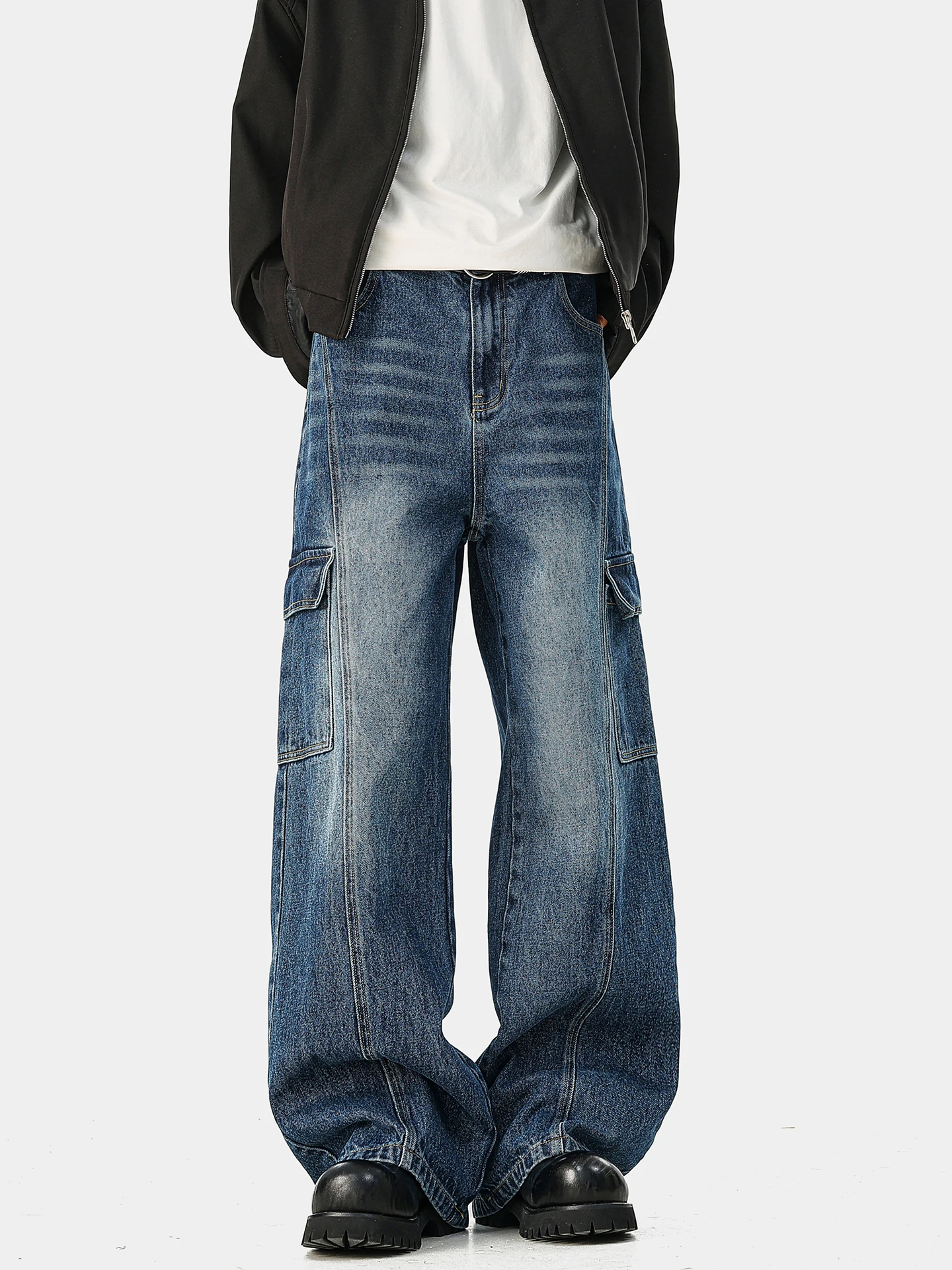 

Boyue Men's Casual Wide Leg Jeans Waed Denim Pants Deconstructed Silhouette Design All-Match Loose Fit for Men And Women