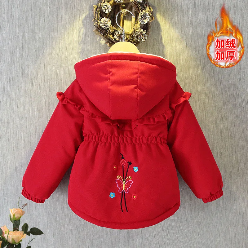 1 2 3 4 5 6 7 Years Baby Girls Coat Plus Velvet Warm Autumn Winter Kids Jacket Windbreaker Hooded Children\'s Outerwear Clothing