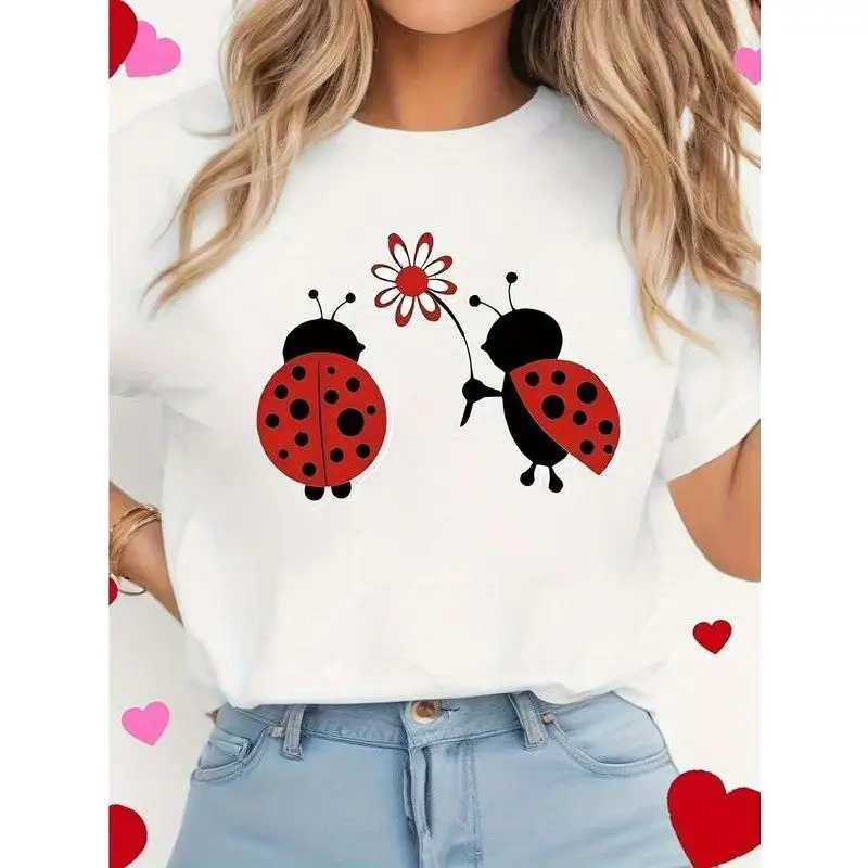 

Ladybug Love T-Shirt Cute Insect Giving Flower Graphic Tee Unisex Romantic Valentine Style Gift