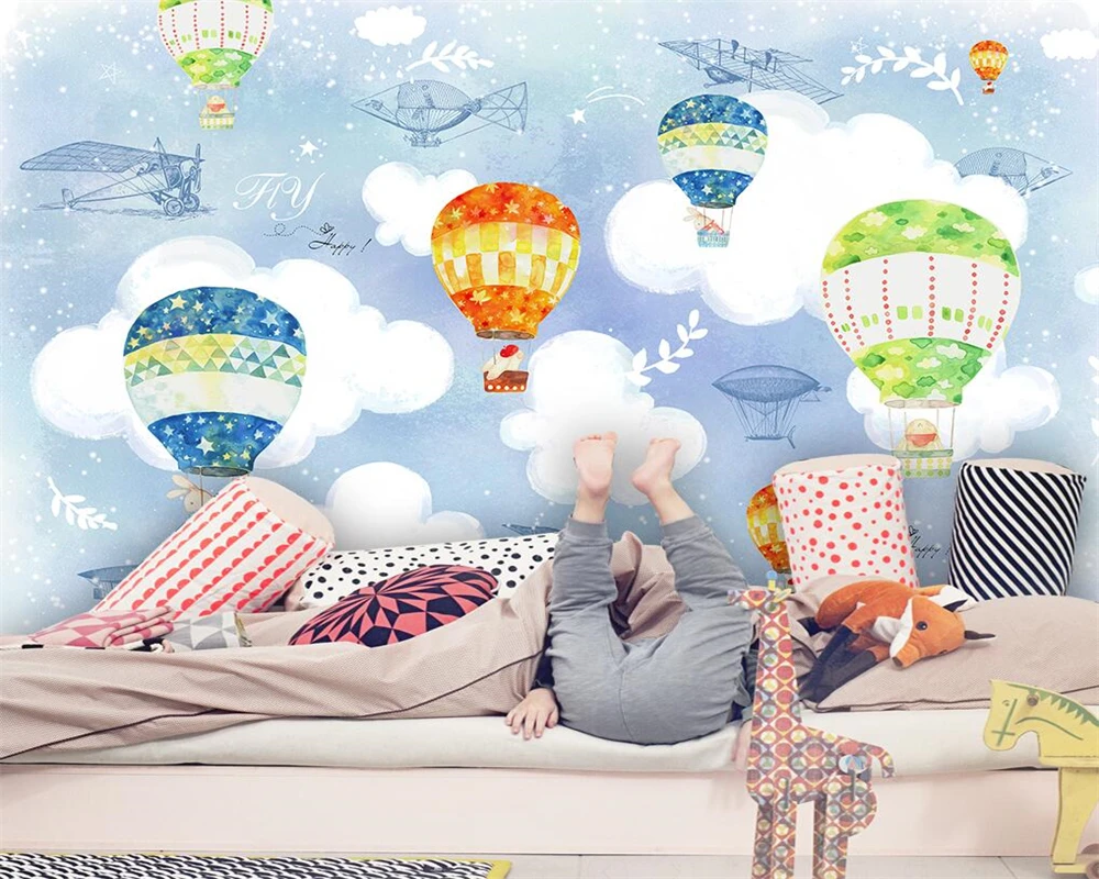 

beibehang Customized modern cartoon blue sky and white clouds hot air balloon airplane children's room background wallpaper