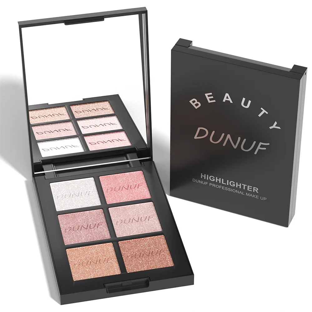Paleta rozświetlaczy z 6 kolorami perłowych, rozświetlających cieni do twarzy i ciała, zestaw do makijażu z efektem połysku, do nosków, kości policzkowych, do codziennego użytku z lusterkiem.
