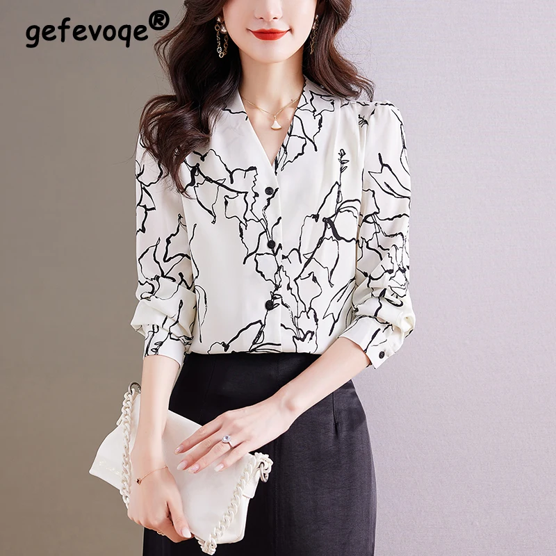 Women Korean Fashion Abstract Graffiti Print Chic Shirts Office Lady Elegant Commute Blouse Casual V Neck Long Sleeve Loose Tops