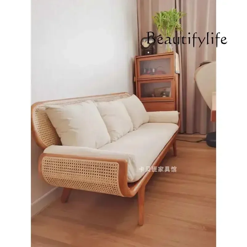 

household single small apartment solid wood dining chair Japanese-style medieval rattan fabric sofa