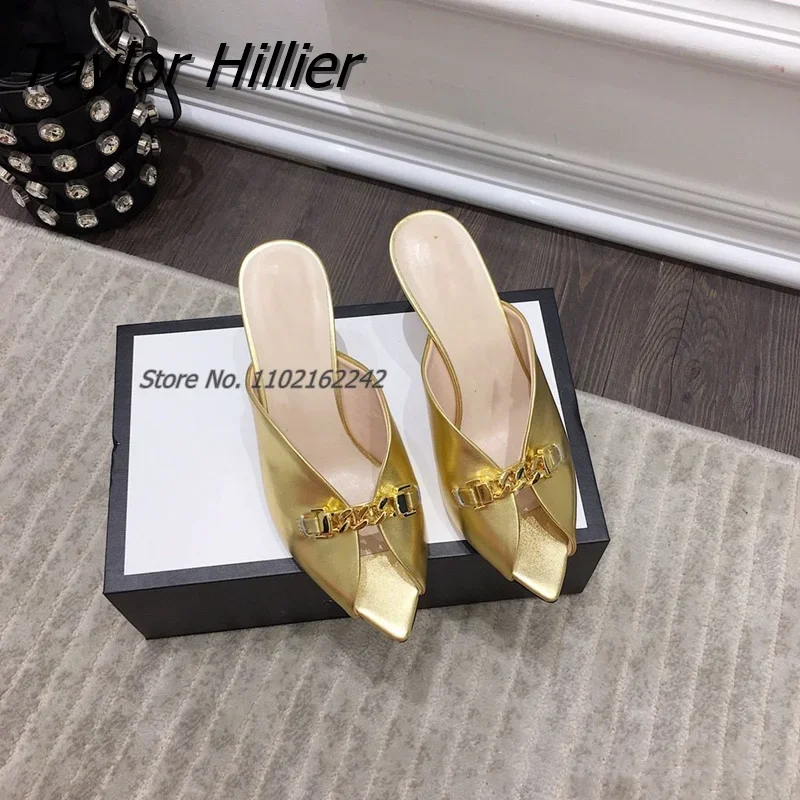 New Shallow Mouth Retro Pointed High Heel Slippers Open Toe Metal Chain Stiletto Mules Casual Outer Wear Summer Sandals Custom
