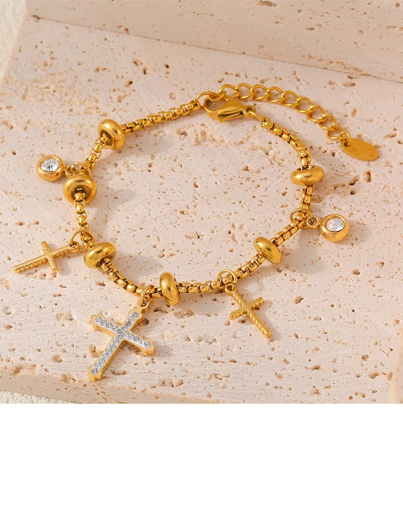 316l Edelstahl Kreuz Mond Sterne Anhänger Armreif Frauen Vintage Strass Herz Armband Luxus vergoldeten Schmuck Geschenk – Detail 11