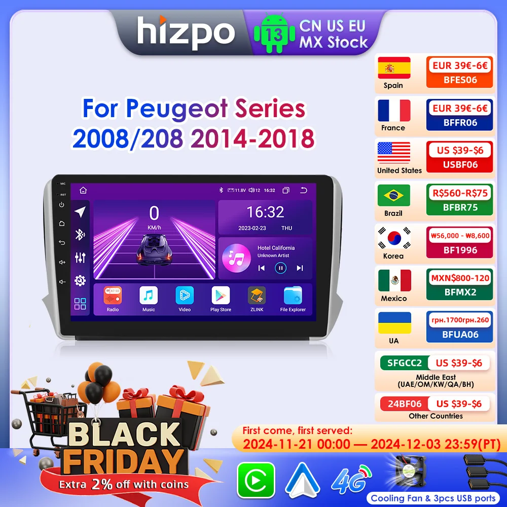 Hizpo Car Radio For Peugeot 2008 208 2014 - 2018 Wireless CarPlay Android Auto Intelligent Systems Autoraido No 2 din 2din DVD