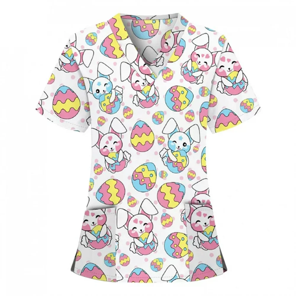 

Nurse Uniform for Women Breast Cancer Easter Bunny Cartoon Nursing Goods V-Neck Short Sleeve Lightweight Tops Medical Clothes