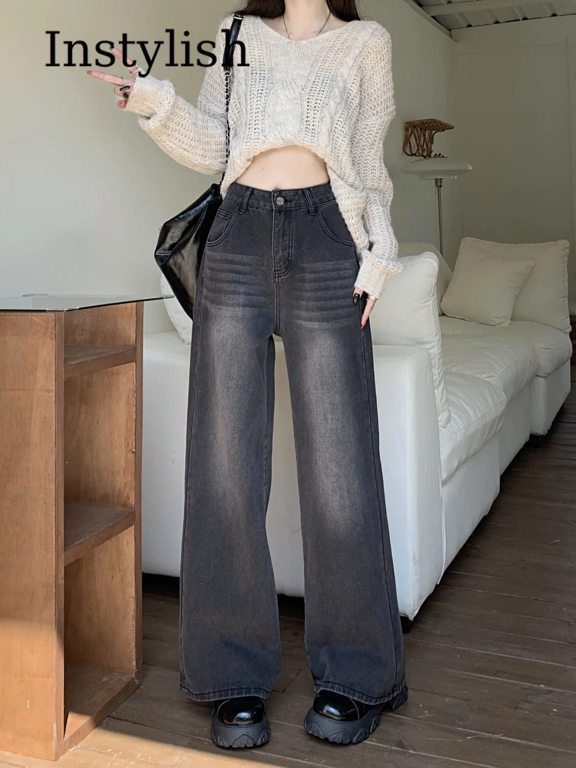 

American Loose Fashionable and Versatile Denim Trousers for Women New Retro Washed High-waisted Slim and Drapey Wide-leg Pants