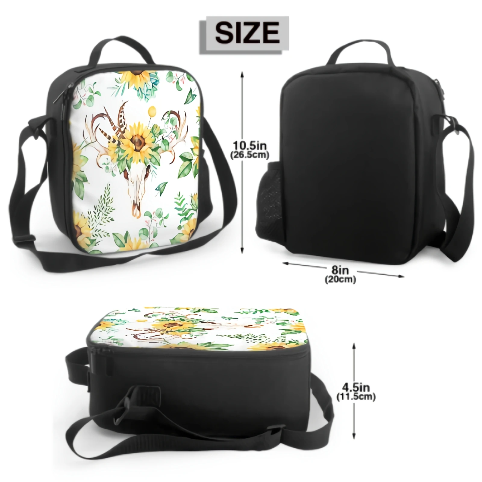 Cow Skull Sunflowers Insulated Thermal Lunch Bags for Kids Boys Girls Washable Tote Crossbody Lunch Container for School Travel