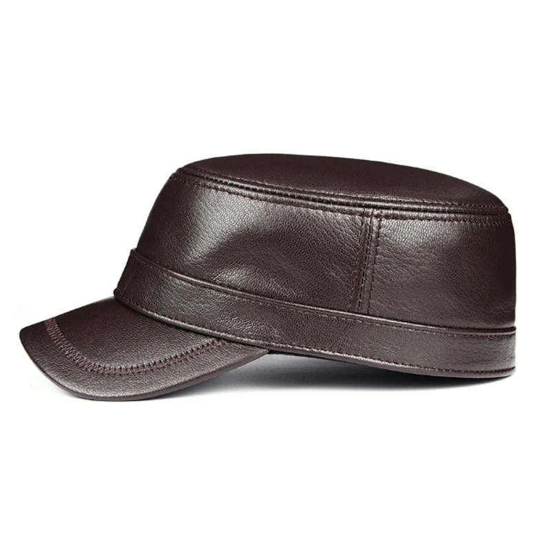 Winter Real Leather Cap Men's Flat Caps Warm Army Military Hat Elegant Man Baseball Cap Sheepskin British Vintage Leather Hat