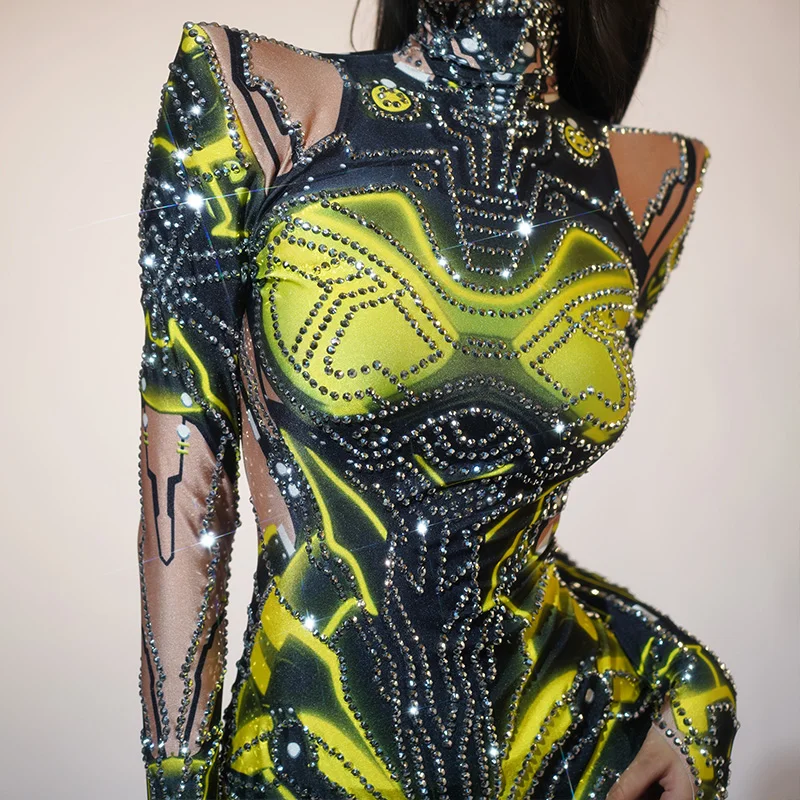 Shinning Rhinestone Bodysuits Green Rave Mecha Ji Halloween Costume Drag Queen Club Party Gogo Dancer Clothing Festival