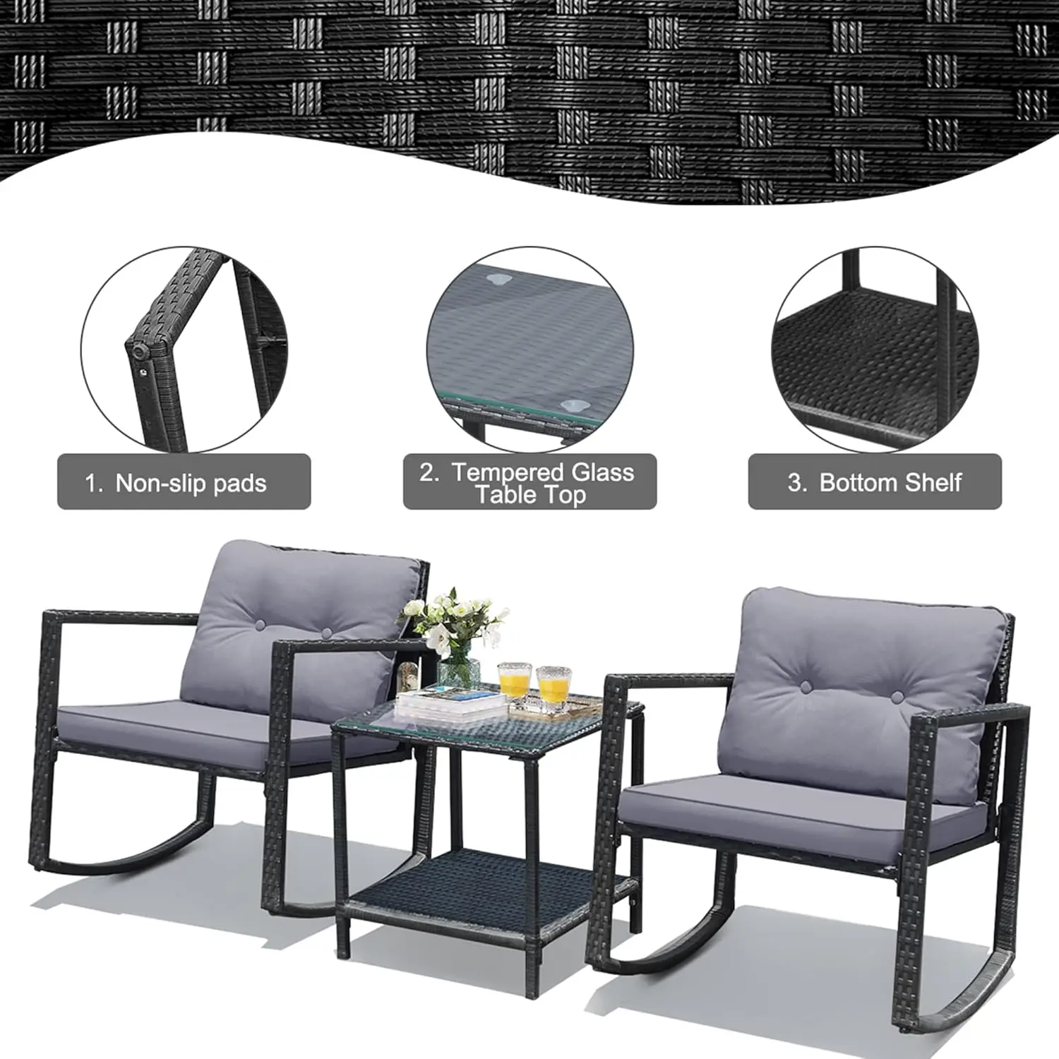 Patio Furniture Set, Rattan Rocking Chair and Glass Coffee Table with Cushions, Outdoor Wicker Conversation Bistro Set
