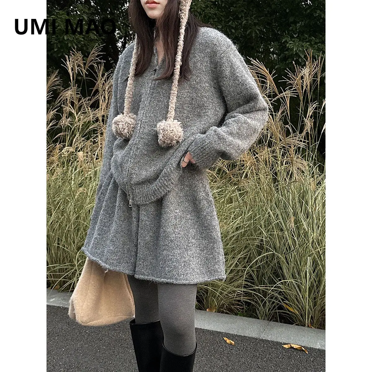 UMI MAO Korean Style Top Soft Casual Knitted Sweater Set For Women Winter New Rolled Hem A-Line Short Skirt Two-Piece Set