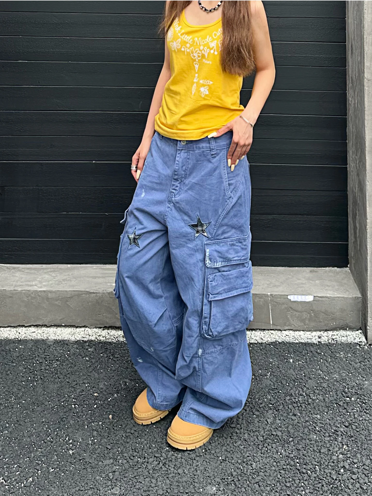 

NNK American Style Vintage Multi-Pocket Star Patch Wide Leg Work Pants Casual Loose Fit Men's Women's Cotton Straight Leg Tro...
