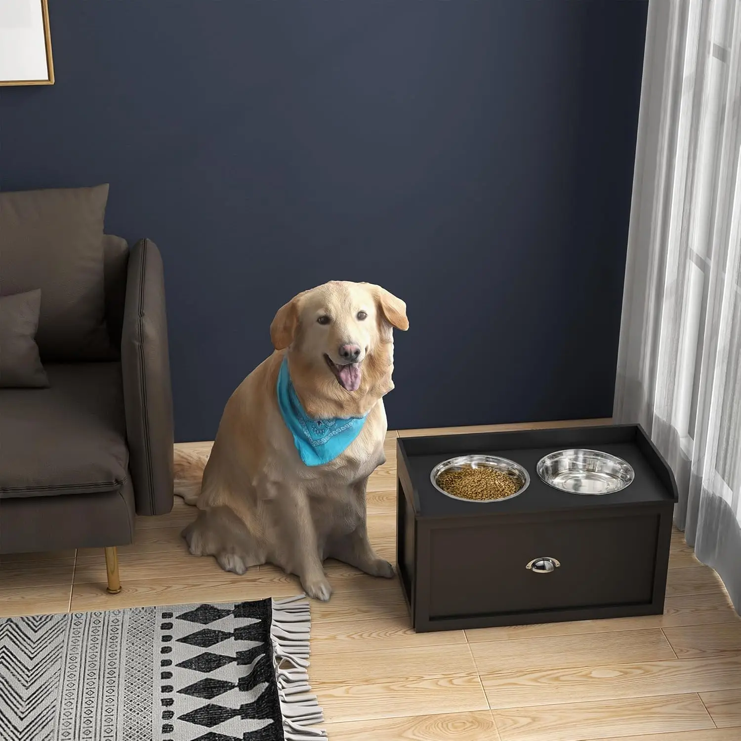 Dog Feeding Station with Storage Drawer, Dog Food Storage Cabinet with 2 Removable Elevated Dog Bowls