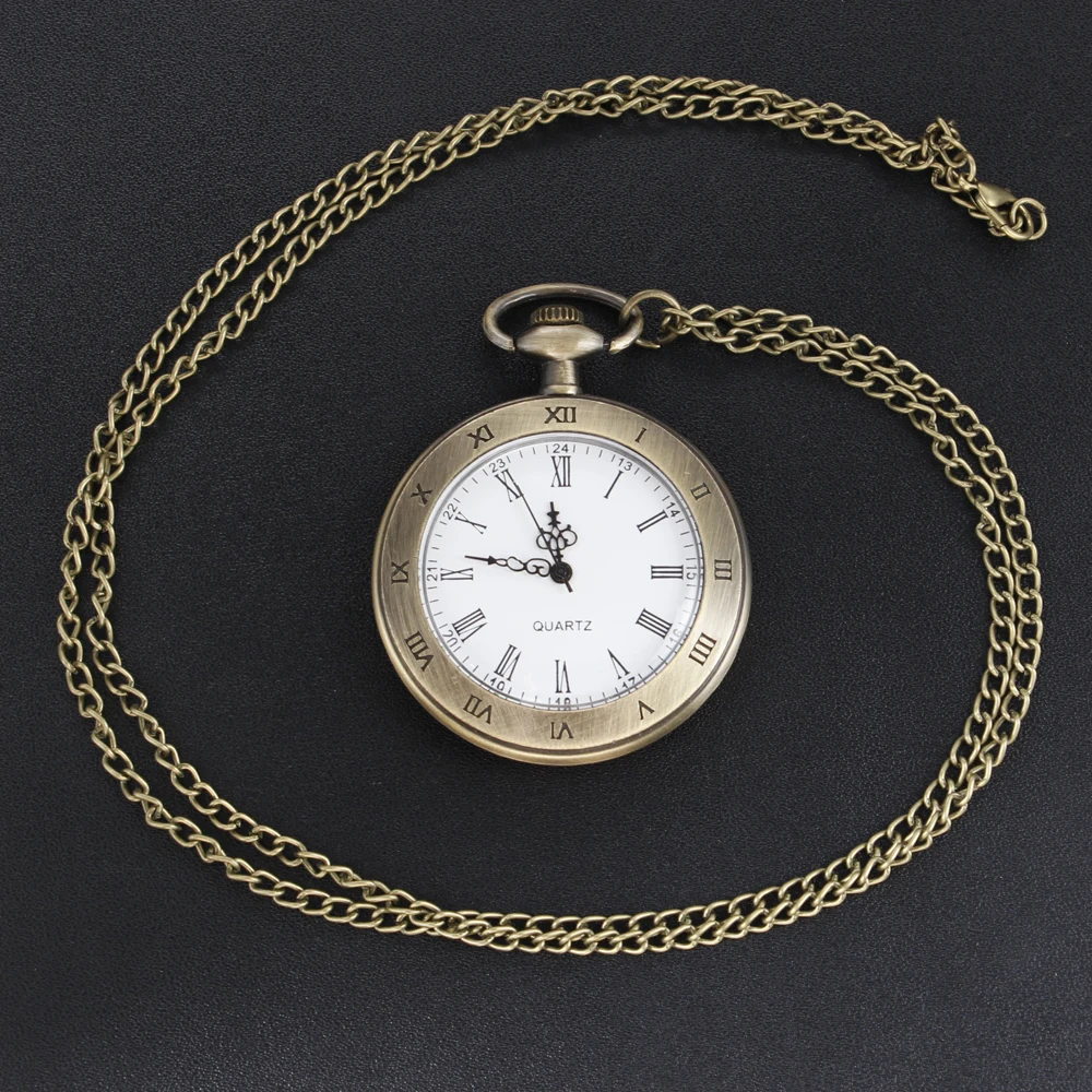 Bronze Simple Roman Digital Quartz Pocket Watch Exquisite Vintage Necklace Chain Watch Pendant Men's and Women's Holiday Gift