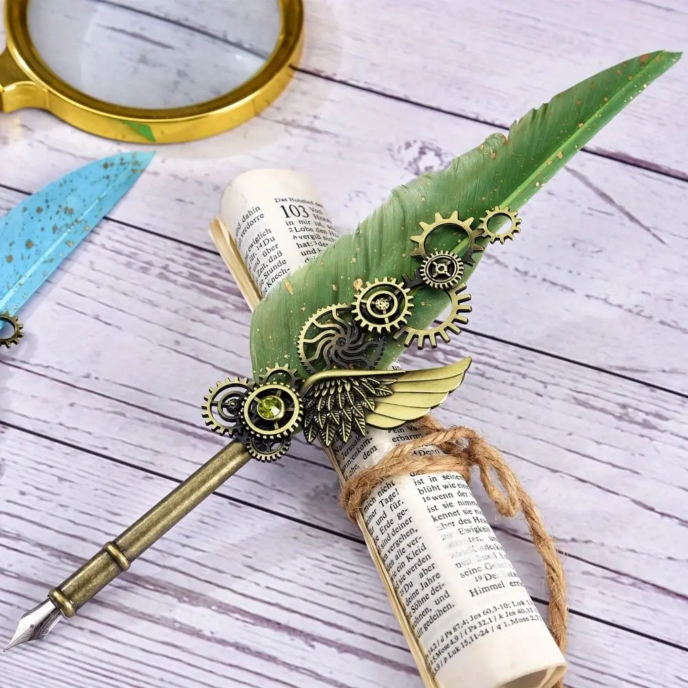 Retro Punk Dipped in Water Pen European Style Vintage Luxury Metal Signature Pen Replaceable 5 Nib Machine Feather Pen