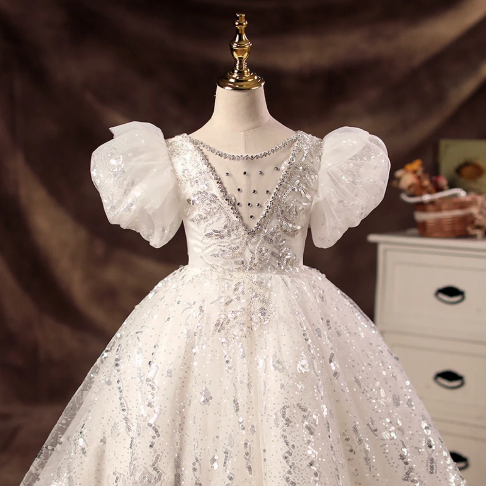 Girls Classic O-neck Puff Sleeves Ball Gown Long Stage Performance 2025 New Exquisite Princess Dresses For Kids Piano Contest