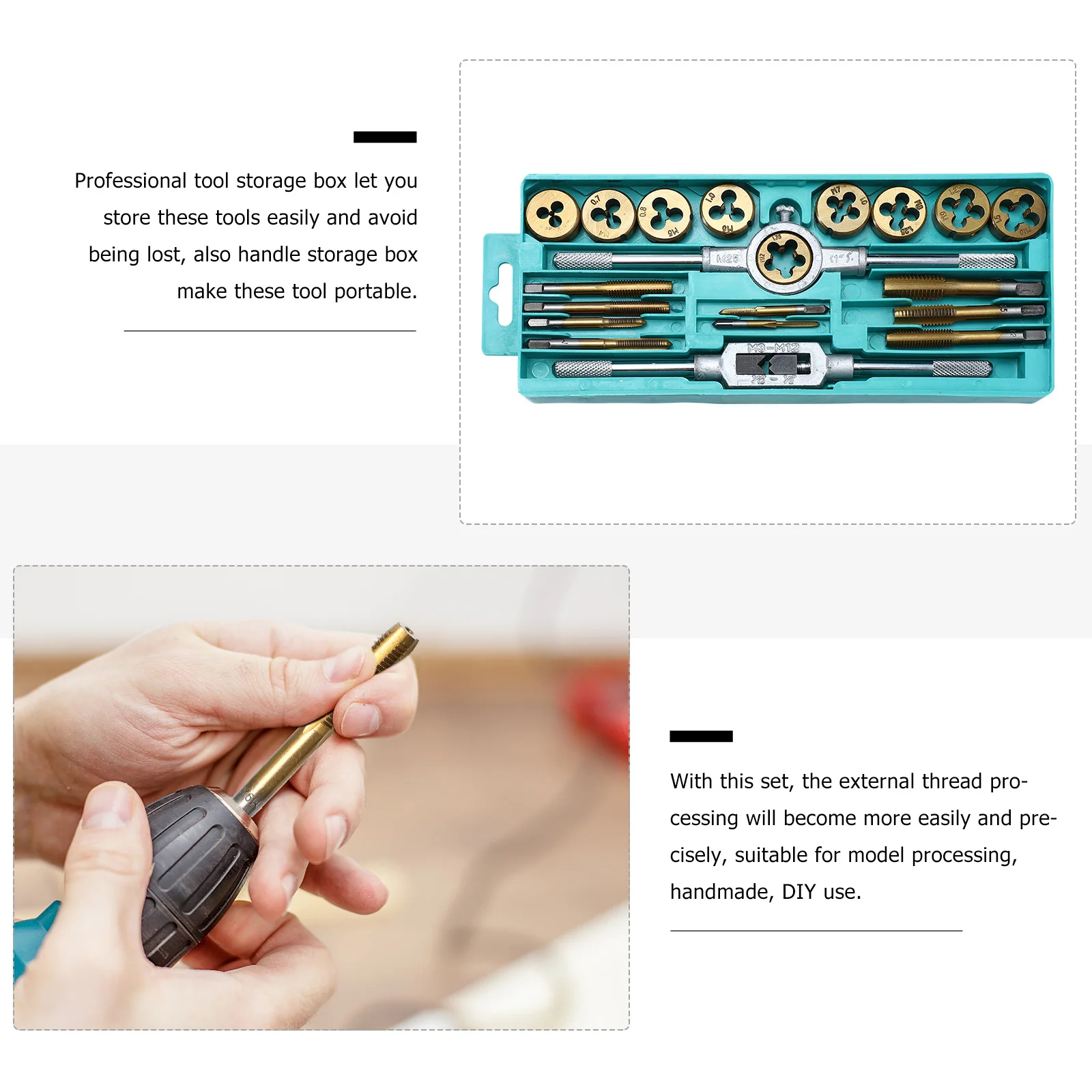 1 Set di maschietti metrici Set di utensili per maschiatura con filettatura in acciaio per il funzionamento manuale Chiave per maschi con manico portatile con filettatura e scatola di immagazzinaggio