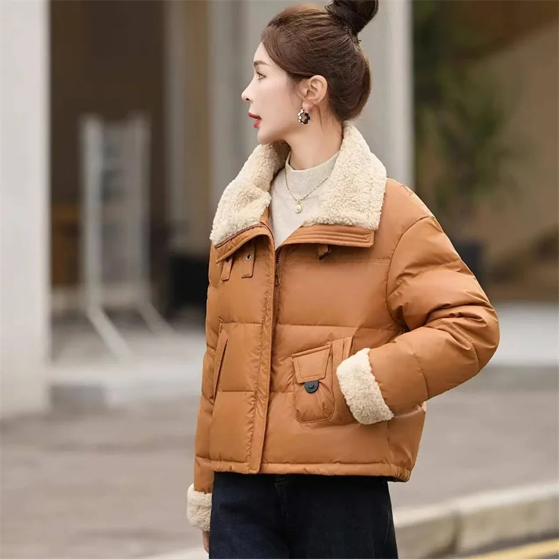Spliced ​​Lamb Hair Pu 스킨 다운 코튼 자켓 여성 겨울 캐주얼 All-Match Thicken Warm Cotton-Padded Parkas 여성 오버 코트