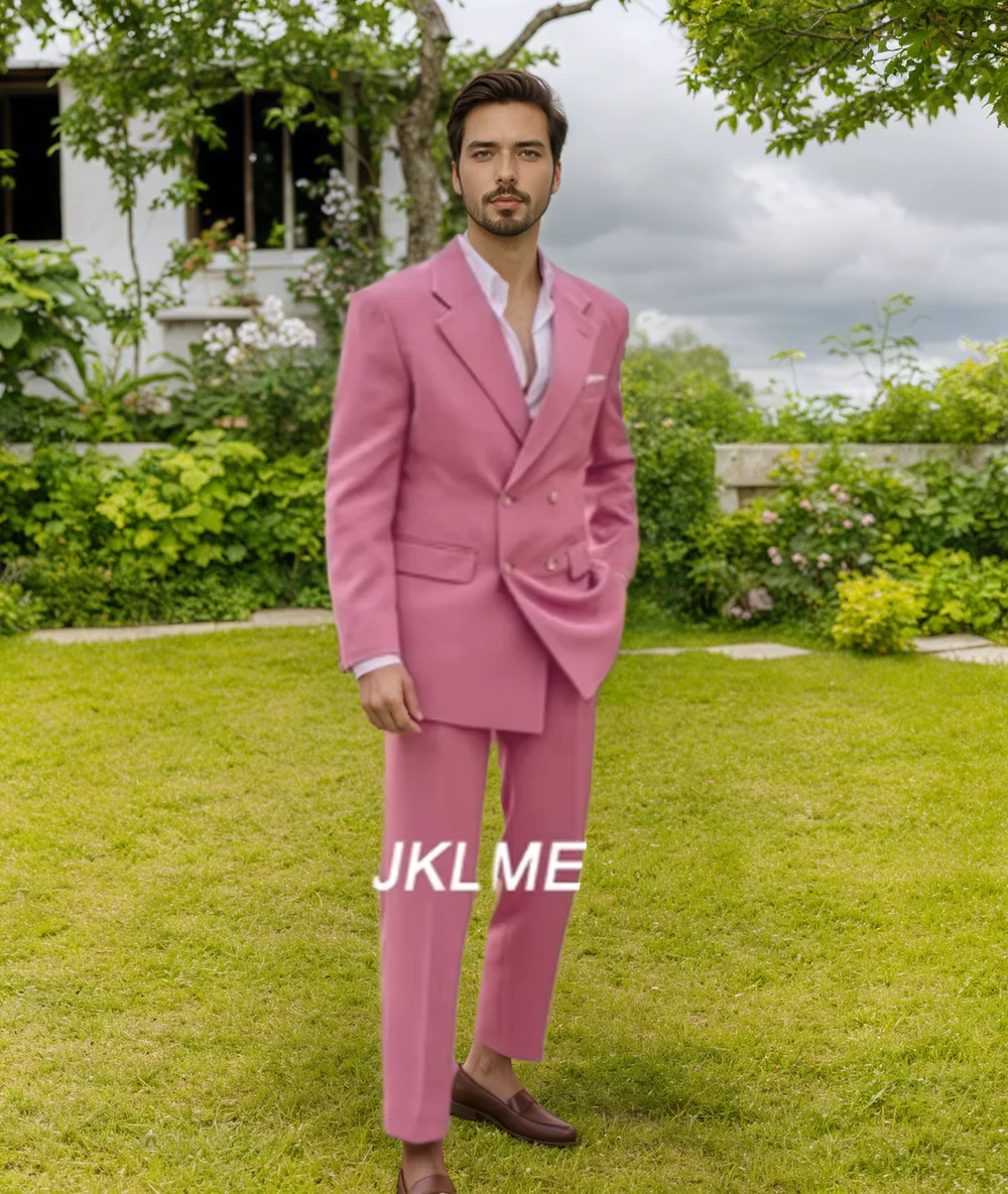 

New Designed Pink Blazer Pant Set Fashion Men Suits Double Breasted Formal Costume Homme Italy Style Groom Wedding Tuxedos