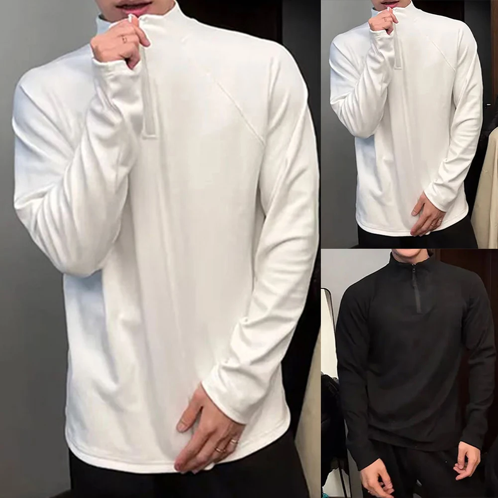 Men Quick Dry Long Sleeve Stand Collar Half Zip T Shirt Solid Color Fitness Training Sports Casual Pullover Tops