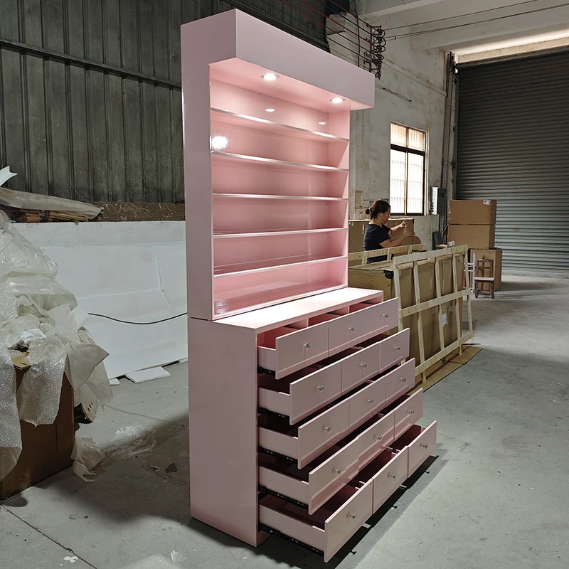 Beauty Shop Furniture Orange Wood Display Cabinet Modern Luxury Nail Polish Rack Salon Shelves With Storage Drawers And Lights view 5