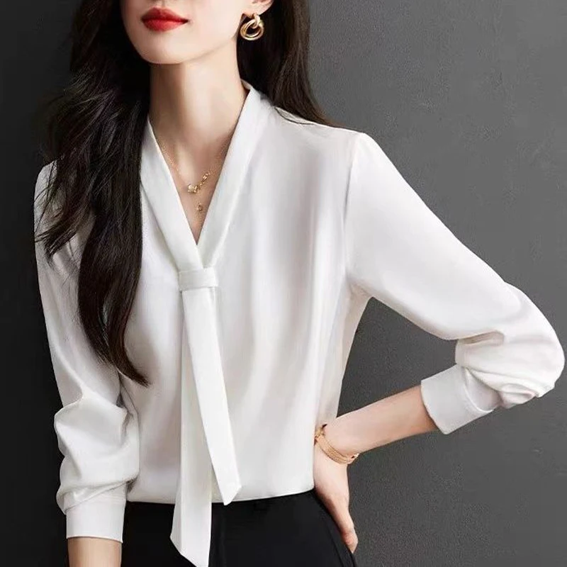 Women Fashion Bow Tie Chic Elegant Blouse Autumn Office Lady Business Casual Shirts Solid V Neck Long Sleeve Tops Chiffon Blusas