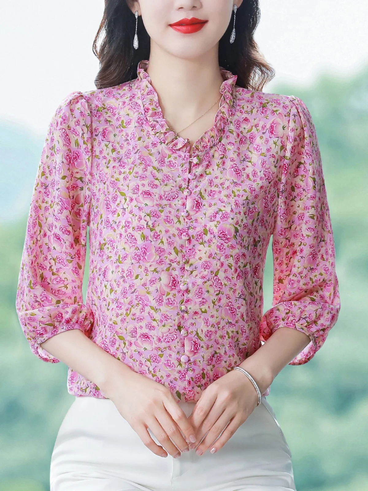 명품 브랜드 고급 맘마 플로럴 프린트 쉬폰 셔츠 스윗 스타일 루즈핏 랜턴 소매 폴리에스터 실크 혼방 V넥 캐주얼 탑